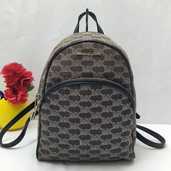 Michael Kors Brown Canvas Leather Trim MK Printed Top Zipper Closure Backpack - Picture 1 of 16